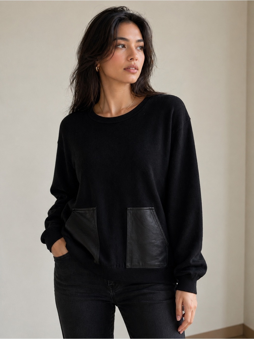 J.Crew Black Pullover Sweater with Leather Patch Pockets size small
